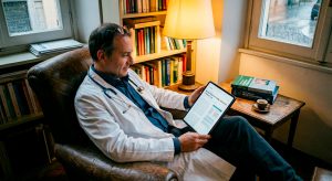 Un medico legge su un tablet un articolo di una rivista scientifica online