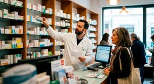 Un farmacista sceglie un farmaco per un cliente