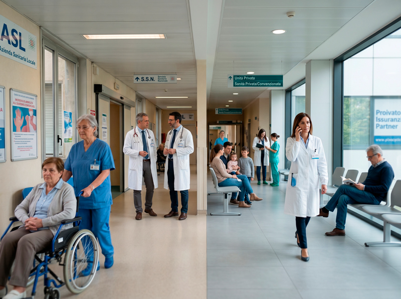 Il corridoio di un ospedale pubblico e di uno privato