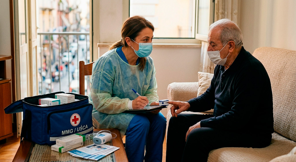 Una dottoressa misura l'ossigenazione a casa di un anziano paziente in pandemia Covid-19
